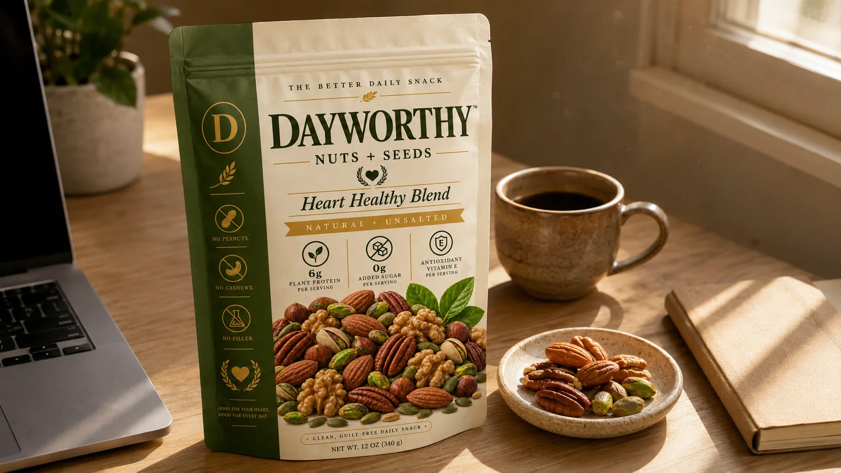A Dayworthy pouch on a sunlit desk beside a coffee cup and a small dish of nuts