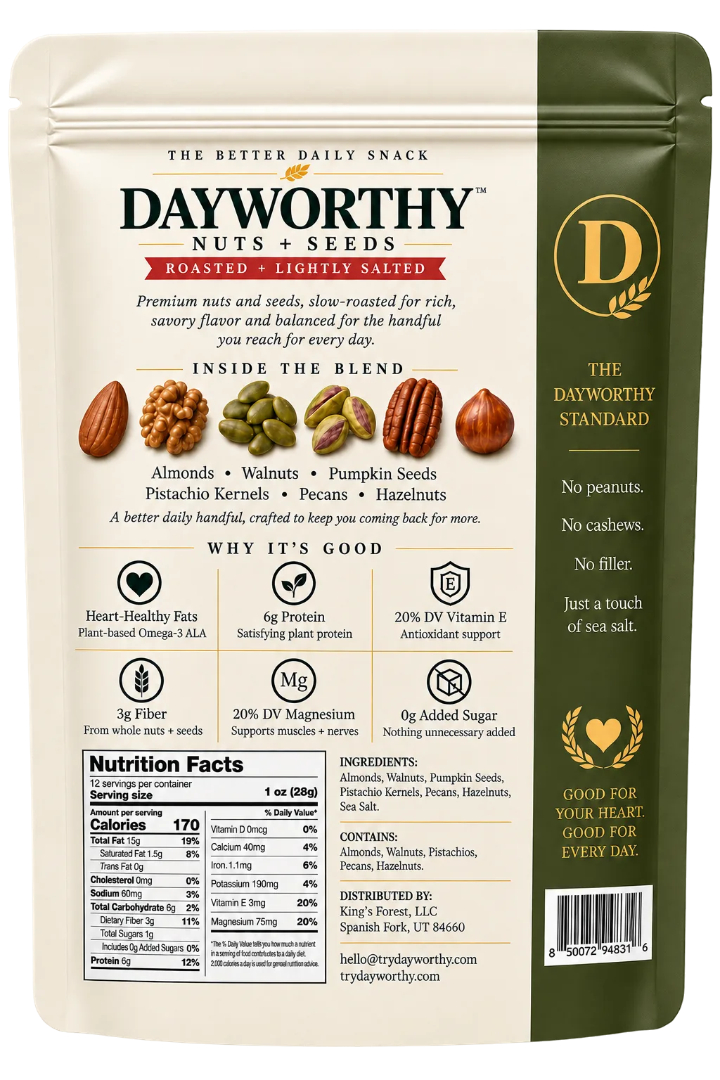 DAYWORTHY Nuts + Seeds, Roasted + Lightly Salted, 12 oz pouch, back of pack